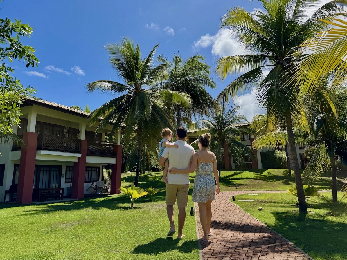 Família caminhando pelo gramado do Reserva Timeantube entre os villages